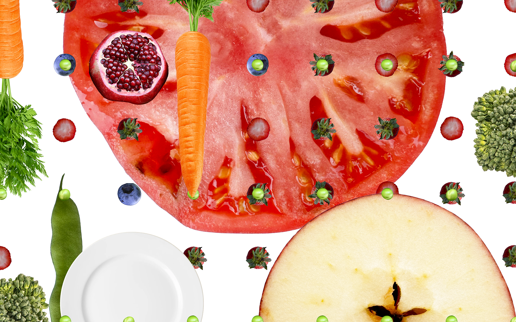 Colorful rainbow of fresh organic fruits and vegetables including red tomatoes orange carrots yellow peppers and green leafy vegetables