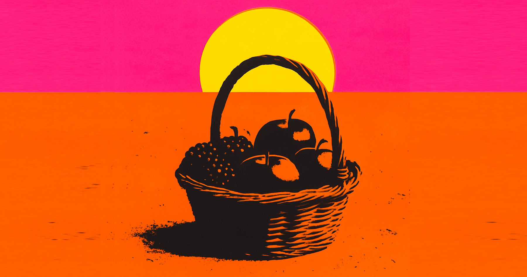 Fruit basket with an orange and pink background that looks like the poster to Endless Summer
