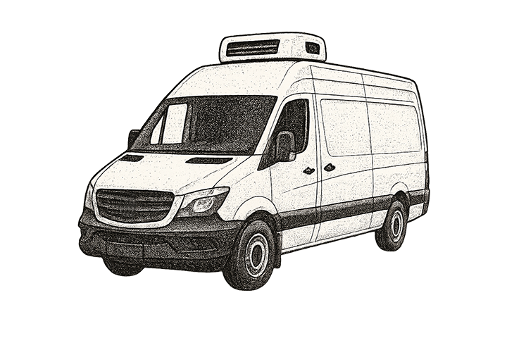 Black and white illustration of Rootstock Bay Area delivery van