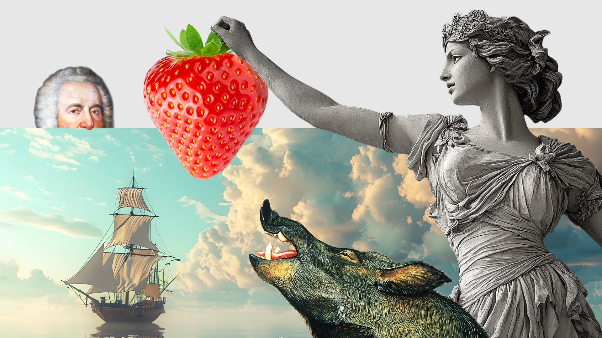 Representation of the history of strawberries, from Greek mythology to modern varieties like Albion and Monterey