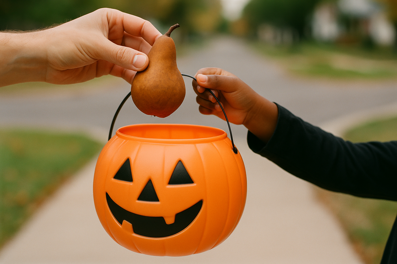 Hand placing a pear inside a plastic jack o'lantern bucket